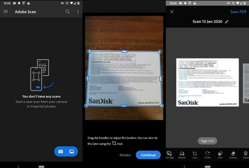Многостраничное сканирование в Adobe Scan на телефоне