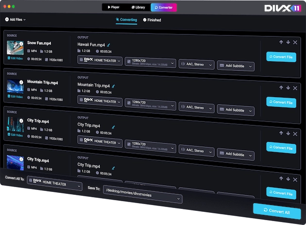 Очередь конвертации DivX 11 Converter с несколькими файлами и профилями вывода