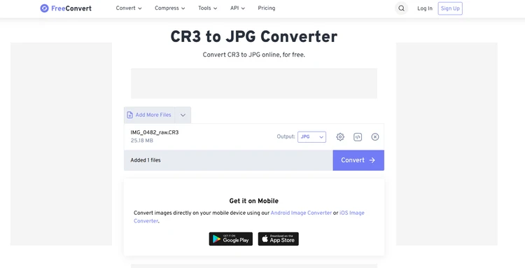 Интерфейс FreeConvert для преобразования файла CR3