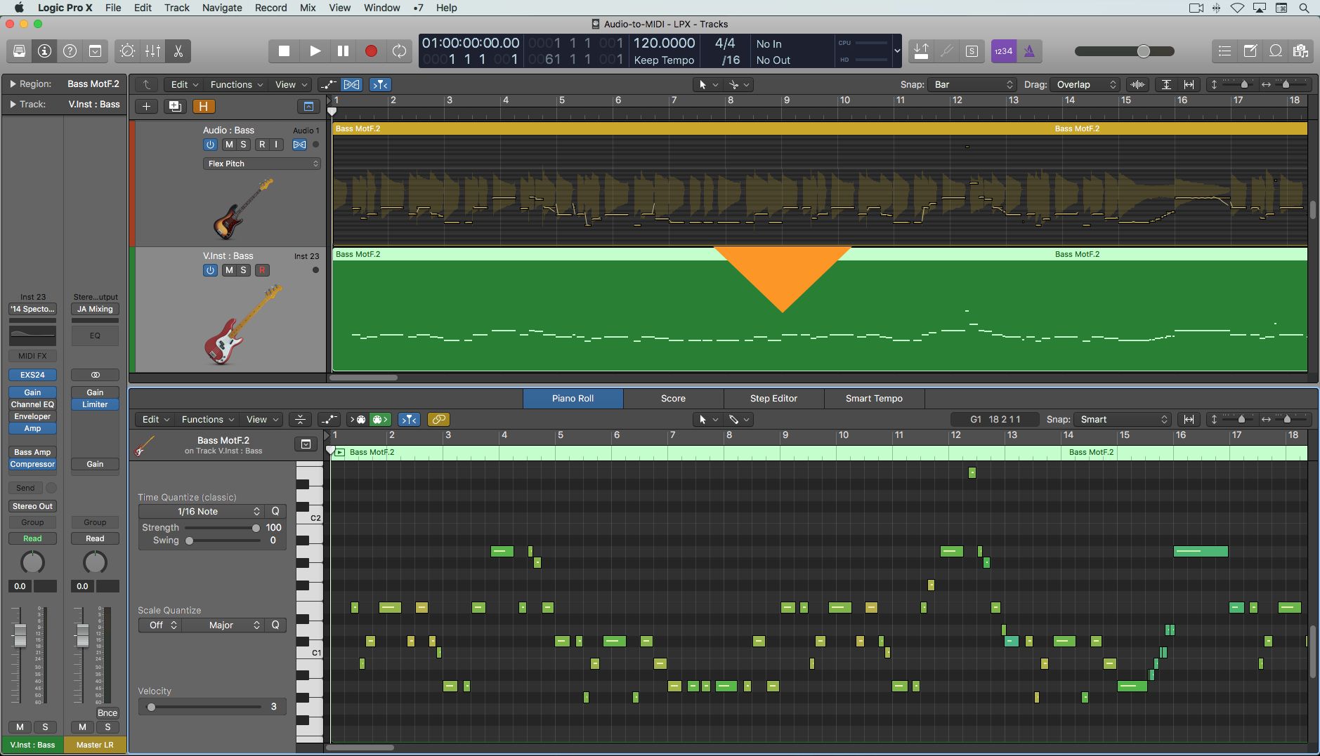 Logic Pro: исходный аудиорегион и полученные MIDI-ноты в piano roll