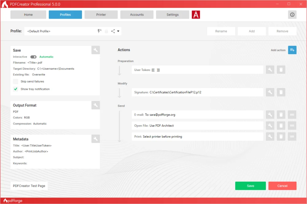 Вкладка Profiles в PDFCreator Professional с блоками Save, Output Format, Metadata и Actions