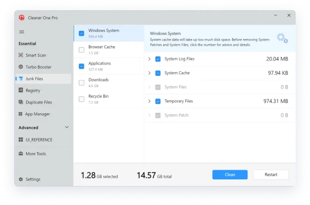 Cleaner One Pro для Windows: раздел Junk Files с категориями Windows System, Browser Cache, Applications, Downloads и Recycle Bin