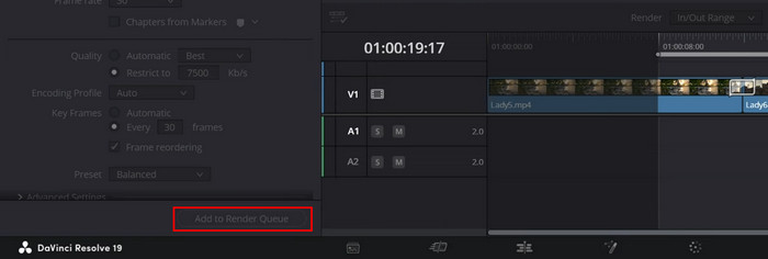 Кнопка Add to Render Queue на странице Deliver в DaVinci Resolve