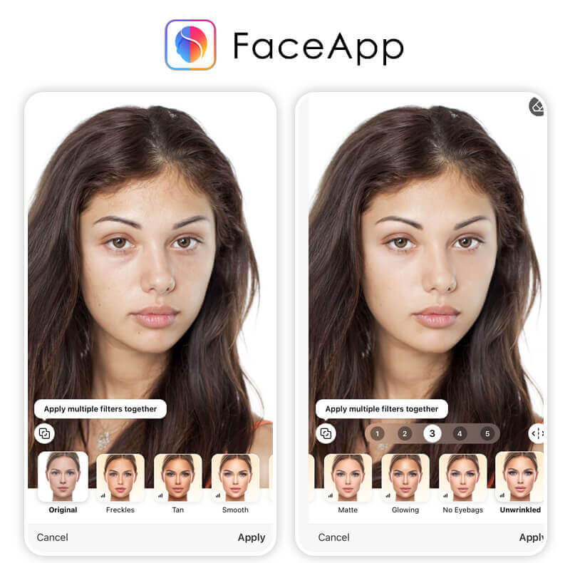 FaceApp: Smooth и Unwrinkled в интерфейсе ретуши
