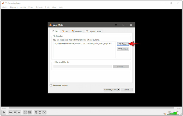 Добавление AVI в диалоге Open Media VLC