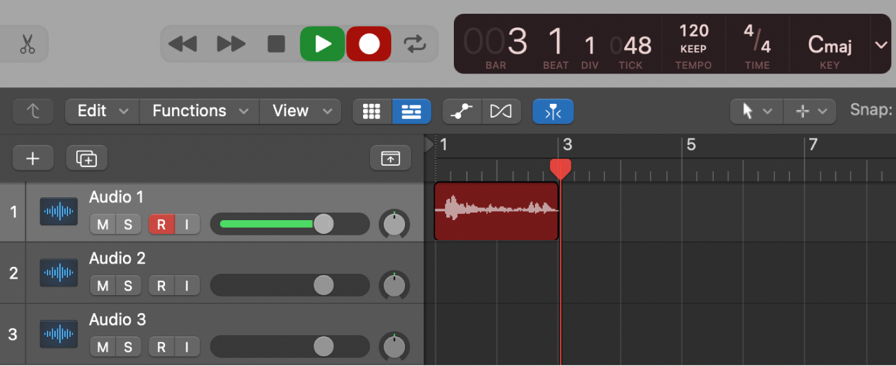 Процесс записи аудиорегиона в Logic Pro