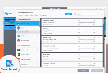 Окно VideoProc Converter AI с выбором Target Format