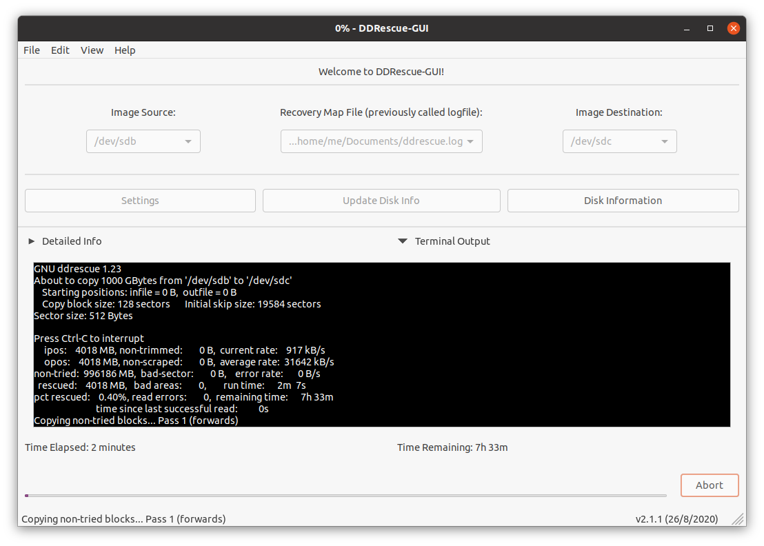 Терминальный вывод GNU ddrescue во время копирования