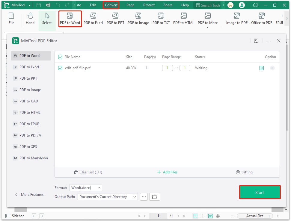 Вкладка Convert в MiniTool PDF Editor с режимом PDF to Word