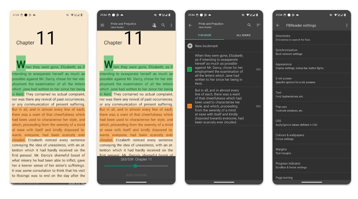 Интерфейс FBReader на Android с чтением книги, закладками и настройками