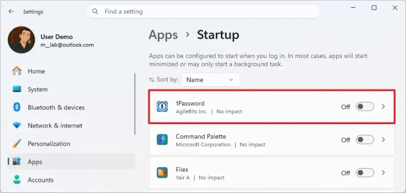 Страница Apps Startup в Параметрах Windows 11