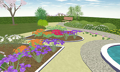 3D-просмотр Garden Planner с дорожками, клумбами, деревьями, лавкой и бассейном