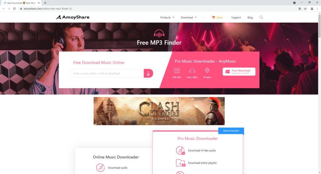 Интерфейс AmoyShare Free MP3 Finder с формой поиска музыки