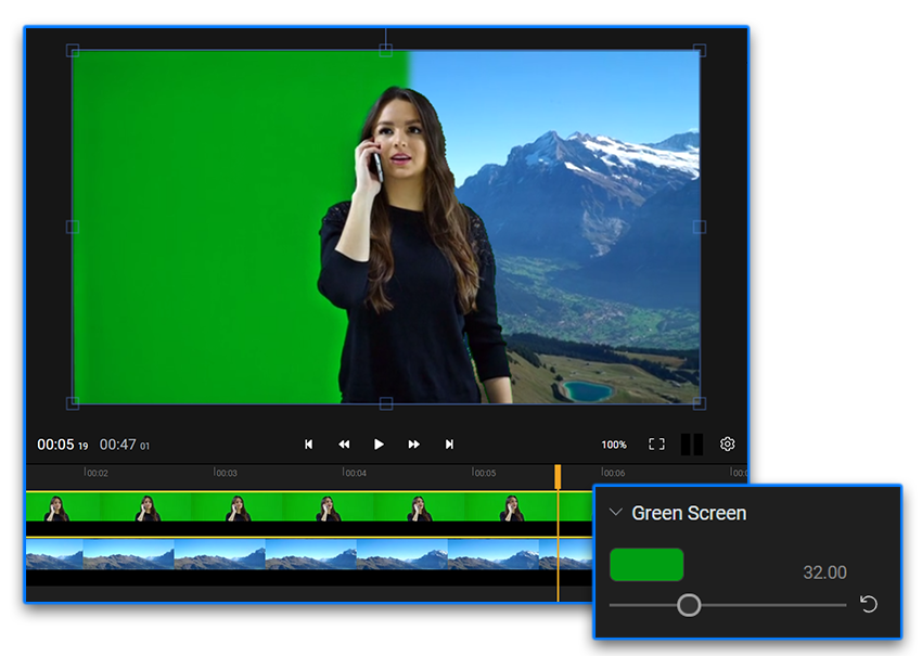 Flixier: Green Screen effect и верхний слой на таймлайне
