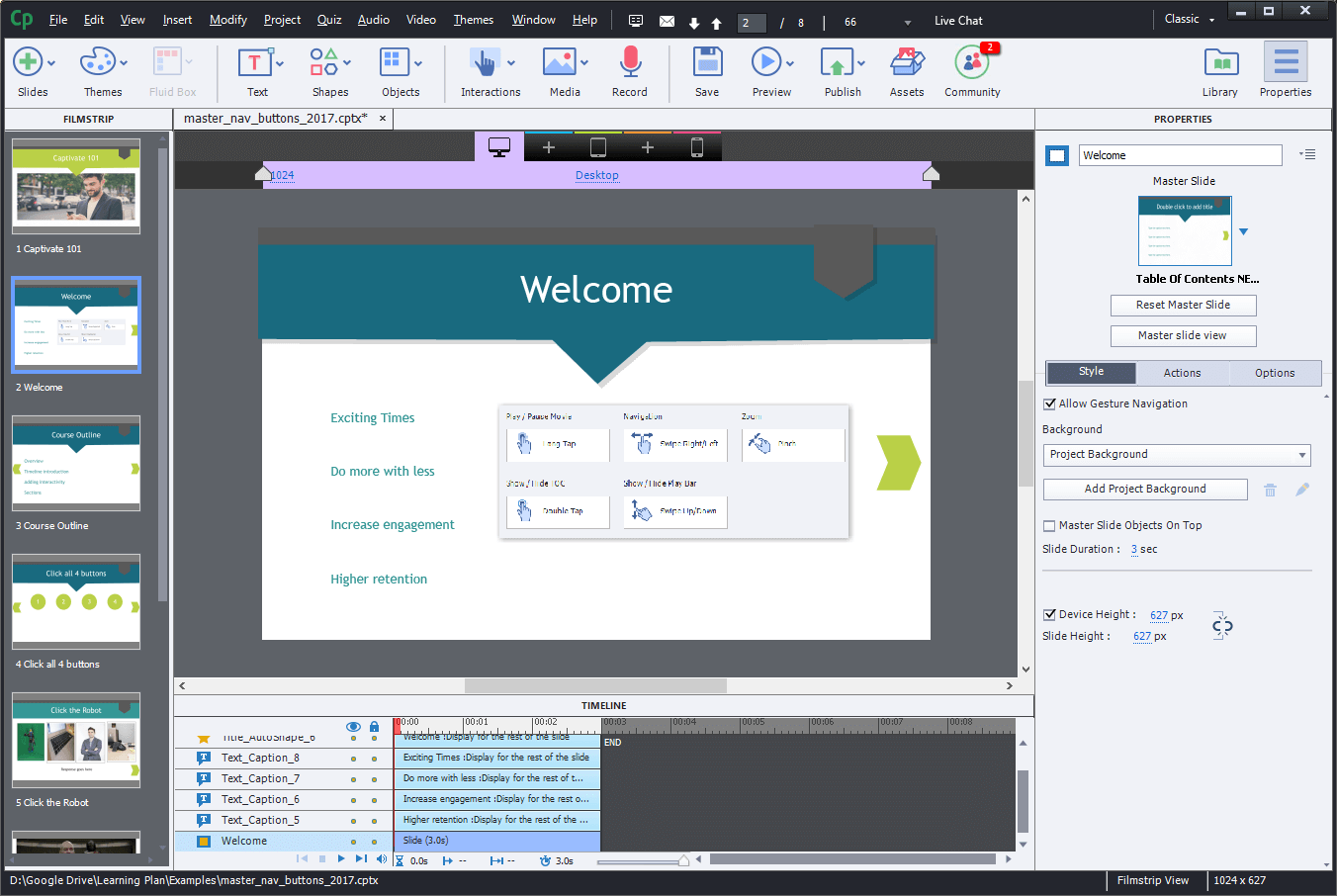 Рабочее окно Adobe Captivate