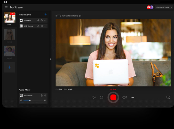 Интерфейс SplitCam со сценами и источниками