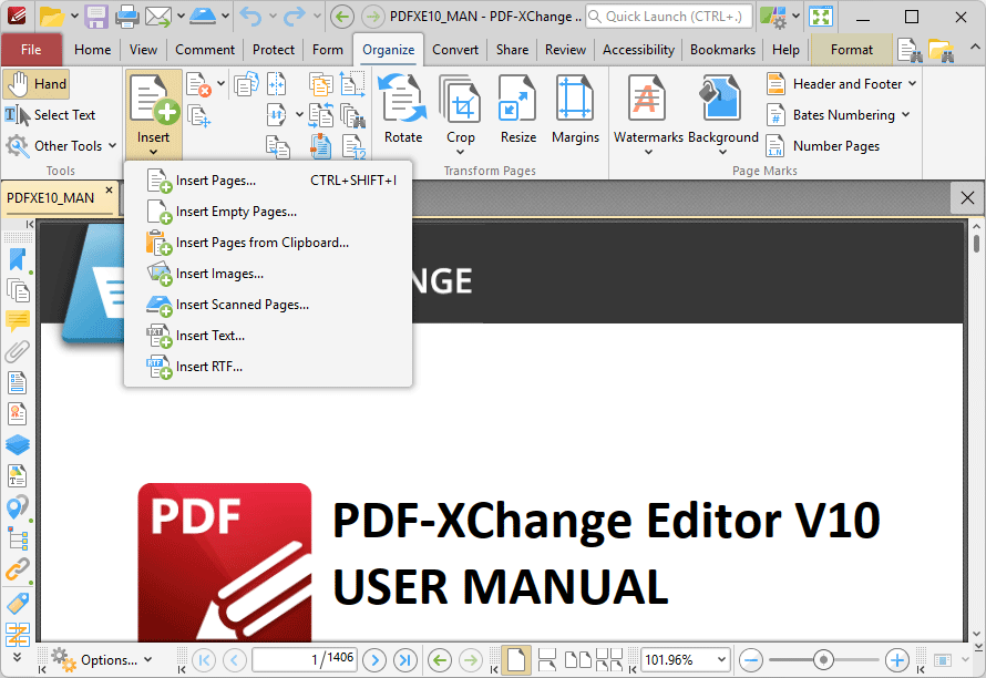 Меню Insert на вкладке Organize в PDF-XChange Editor