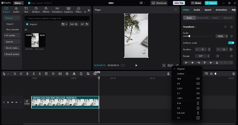 Изменение вертикального видео на горизонтальный формат в CapCut