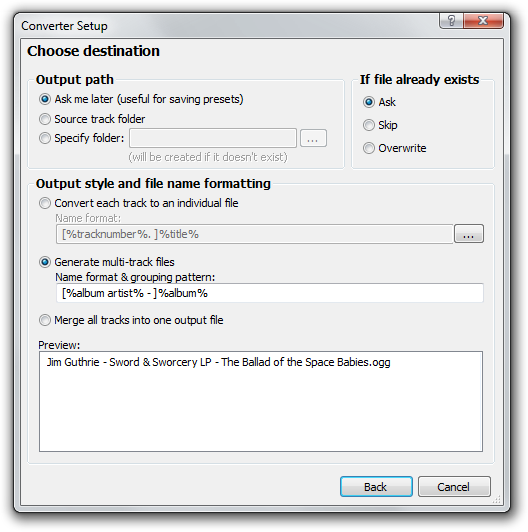 Окно Converter Setup в foobar2000 с выбором папки назначения и схемы именования файлов