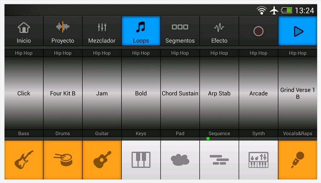 Интерфейс Music Maker JAM с лупами и инструментальными каналами