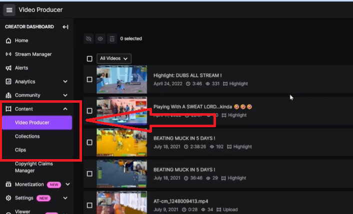Меню управления записью в Video Producer Twitch