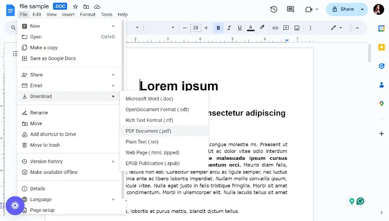 Скачивание документа Google Docs в формате PDF