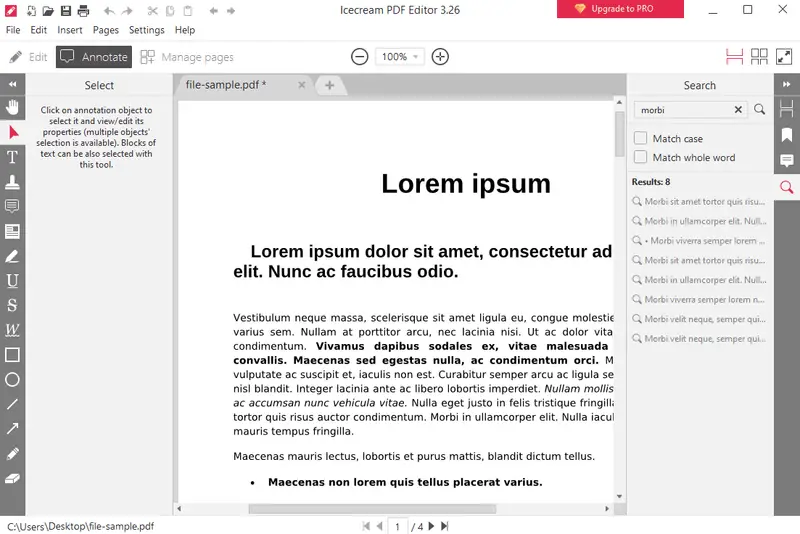 Поиск слова в Icecream PDF Editor через правую панель Search