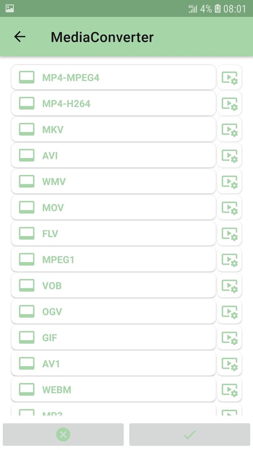 Media Converter на Android: выбор профиля MP4-H264