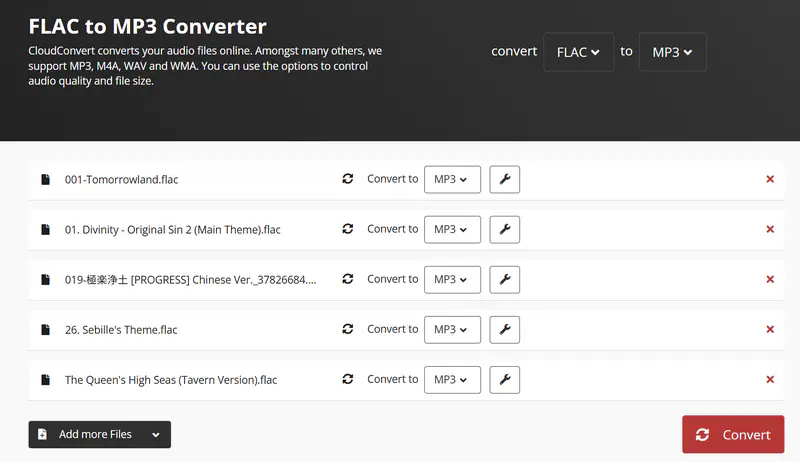 CloudConvert: список аудиофайлов, выбор MP3 и кнопка Convert