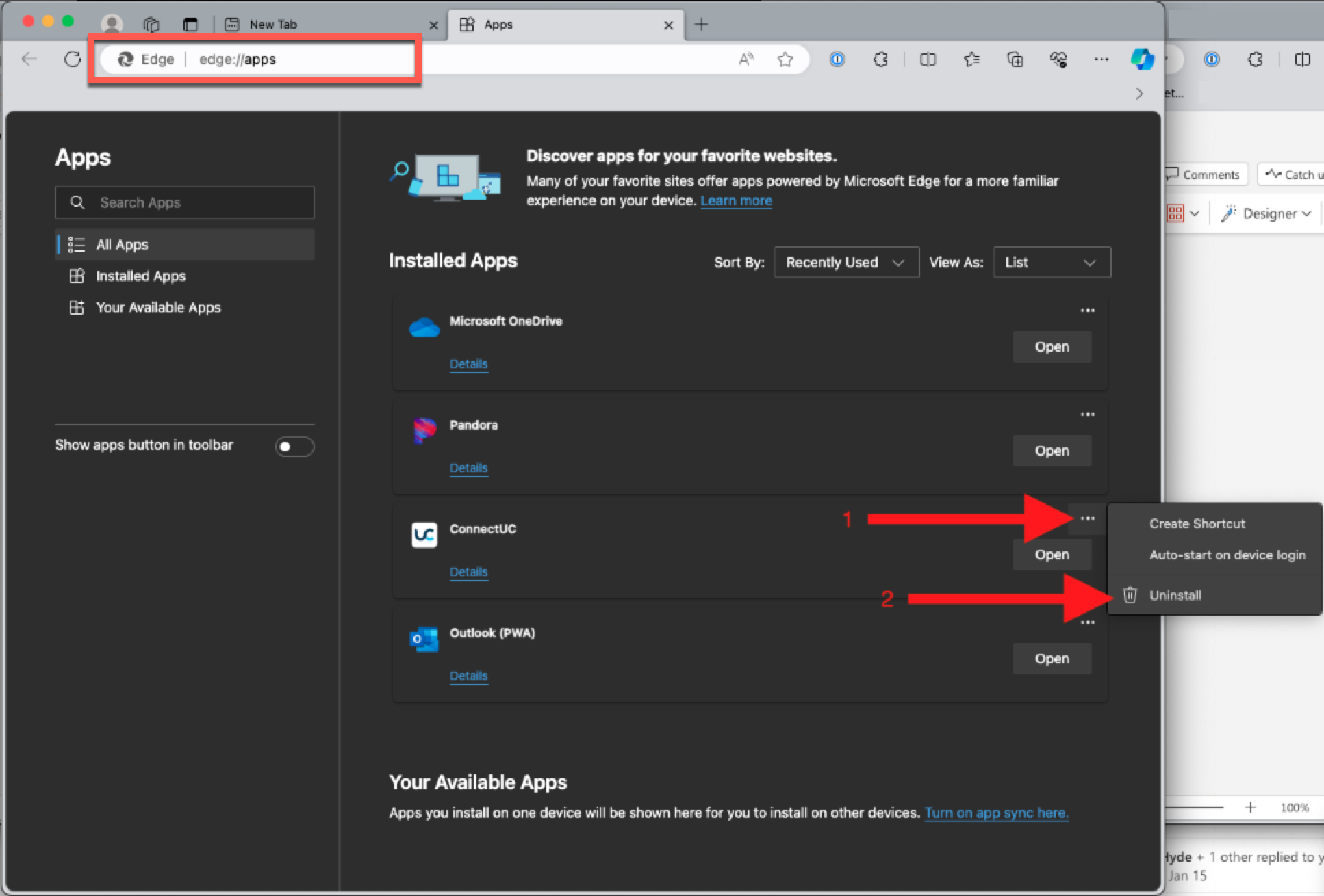 Менеджер edge://apps в Microsoft Edge с командой Uninstall для установленного веб-приложения