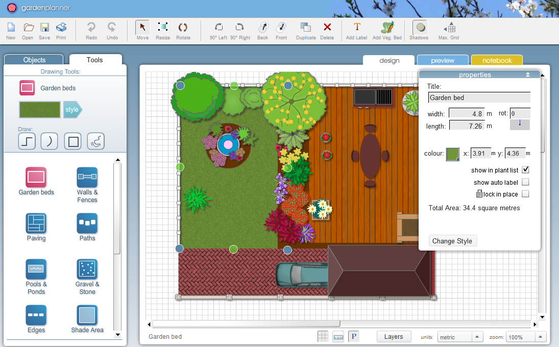 Garden Planner: план сада, инструменты дорожек и свойства клумбы