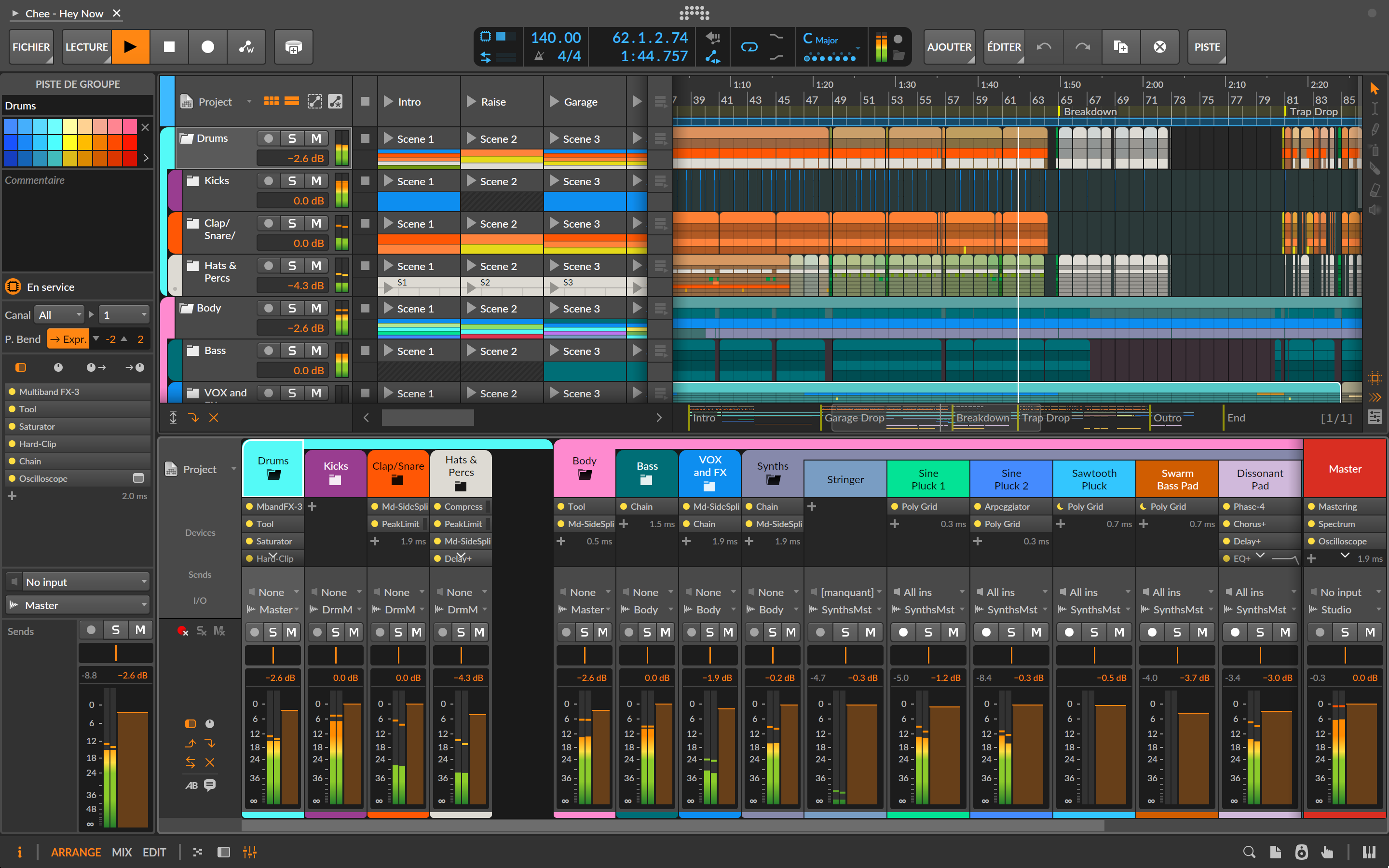 Интерфейс Bitwig Studio с Clip Launcher, Arranger и Mixer