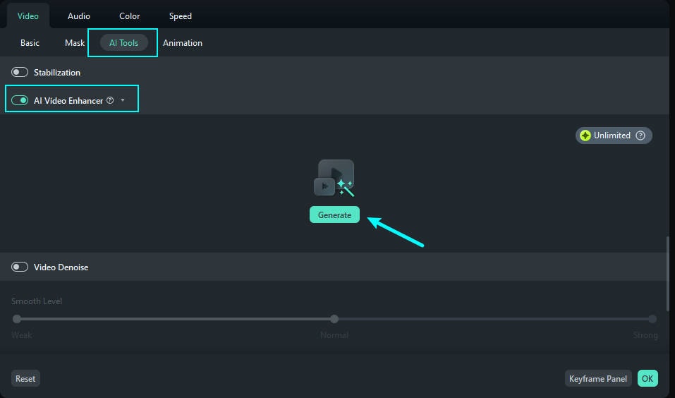 Filmora: AI Tools и переключатель AI Video Enhancer