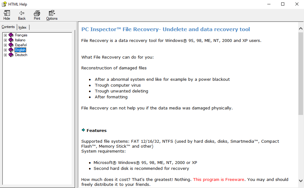 HTML Help в PC INSPECTOR File Recovery с описанием возможностей и требований