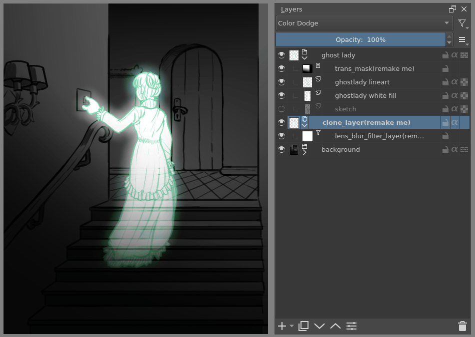 Результат фильтрующей маски и режима Color Dodge в Krita