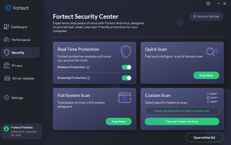 Fortect Security Center с быстрой, полной и выборочной проверкой