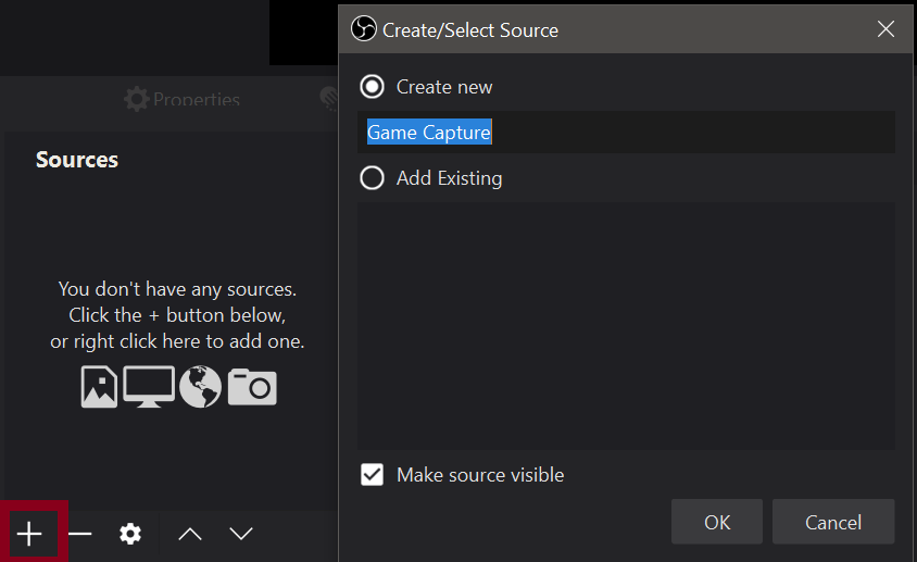 Создание источника Game Capture в OBS Studio