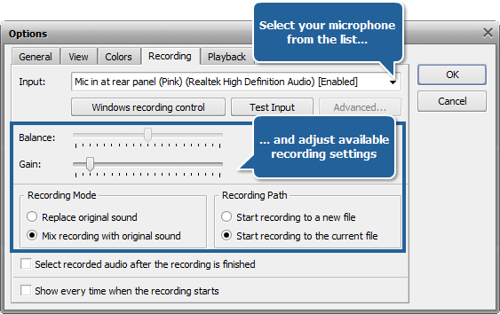 Параметры входного сигнала в AVS Audio Editor