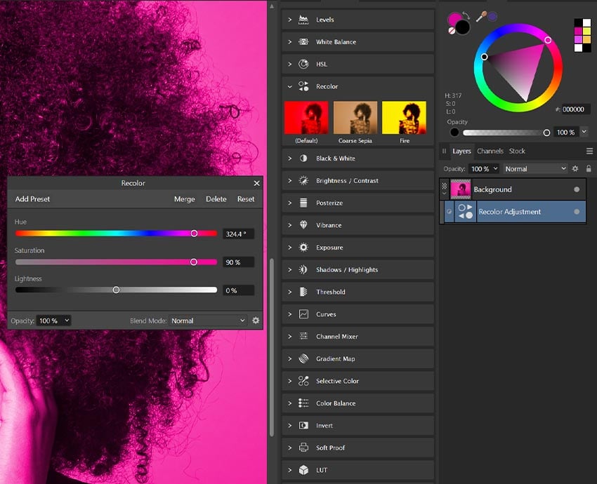Панель корректировок и слоёв в Affinity Photo