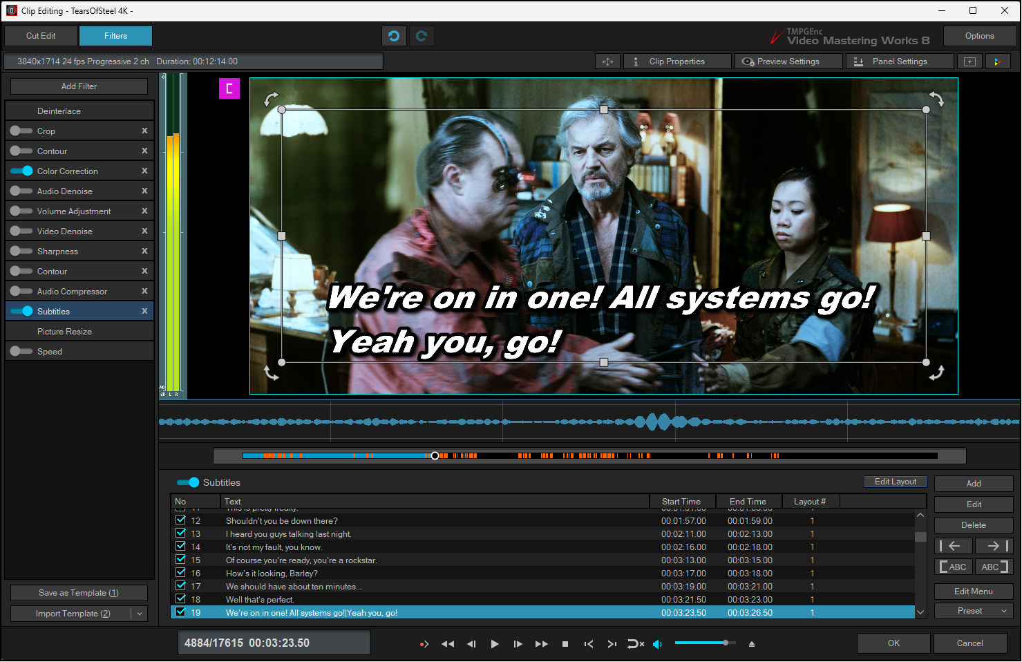 Редактирование субтитров в TMPGEnc Video Mastering Works 8 с таймингами, текстом и предпросмотром поверх видео