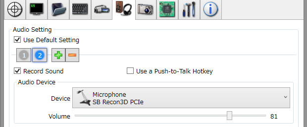 Dxtory Audio Setting с выбранным микрофоном и регулятором Volume