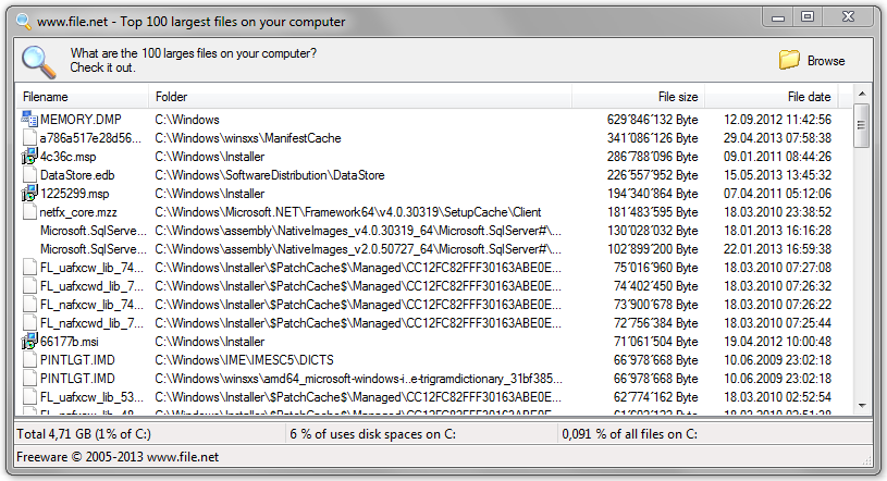 Список ста крупнейших файлов в Largest Files Finder