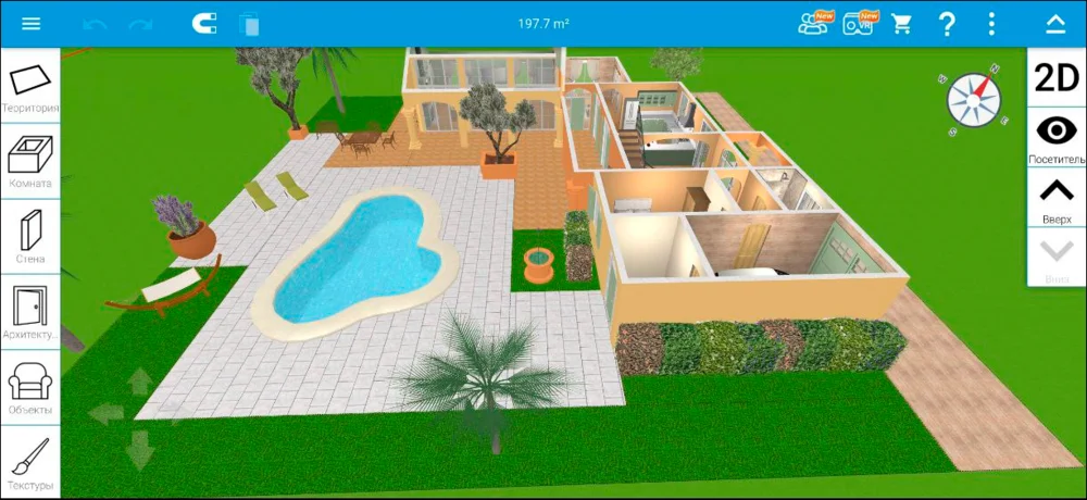 Мобильный интерфейс Home Design 3D с трехмерным проектом дома и инструментами планировки