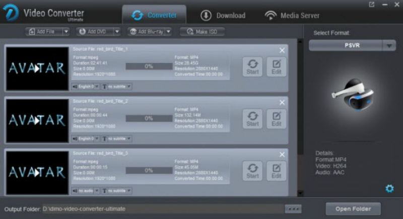 Окно Converter с несколькими задачами и выбранным профилем PS VR