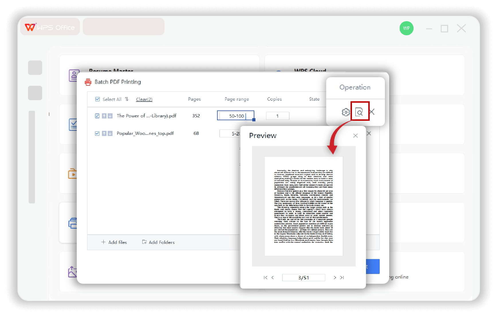 Предварительный просмотр и параметры пакетной печати PDF в WPS Office