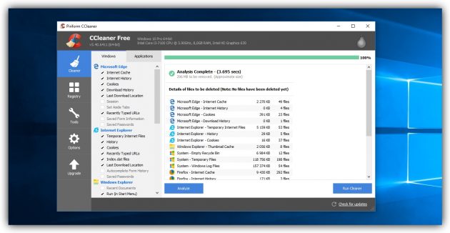 Интерфейс очистки временных файлов в CCleaner