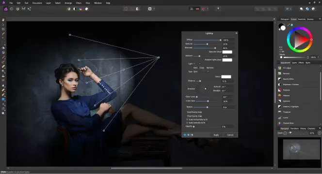 Интерфейс Affinity Photo с RAW-фотографией и панелями коррекции
