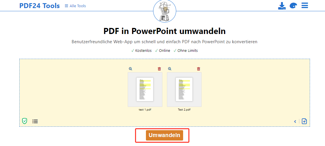 Интерфейс PDF24 для преобразования PDF в PowerPoint с добавленными файлами и кнопкой Convert
