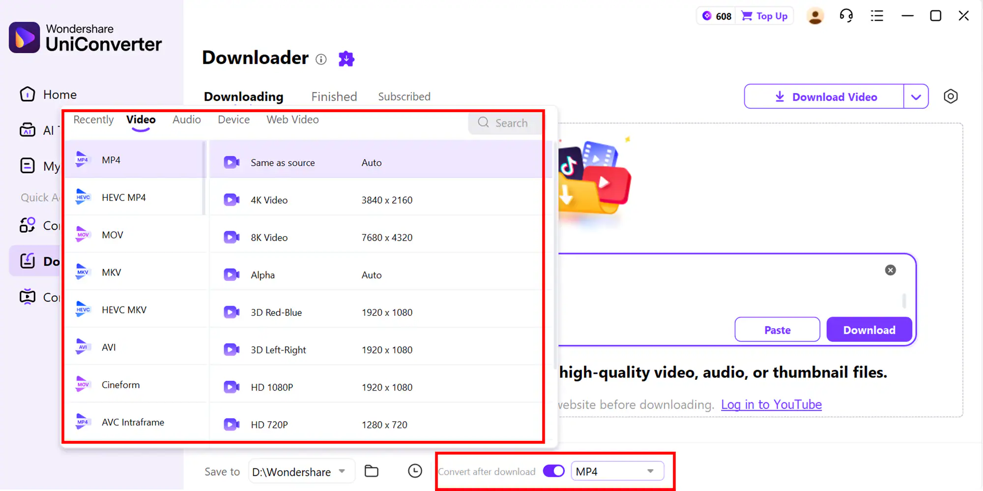 Выбор формата и разрешения в Wondershare UniConverter