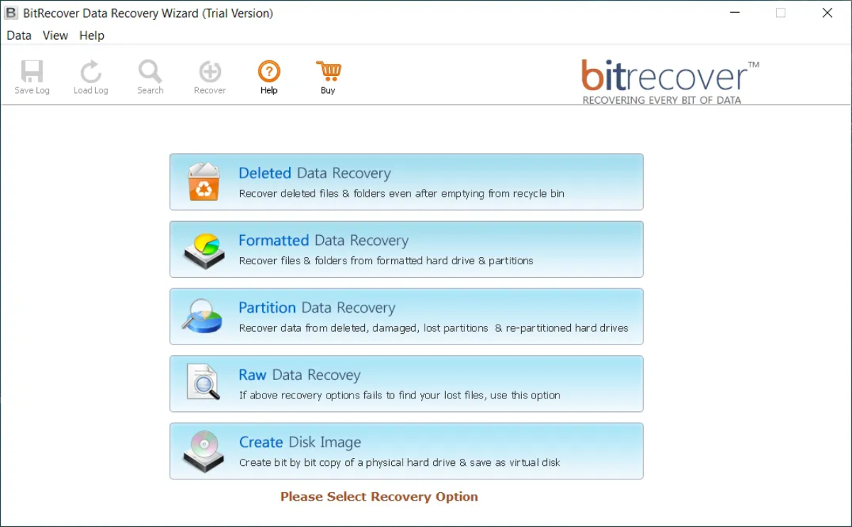 Стартовый экран BitRecover Data Recovery Wizard с пятью режимами восстановления
